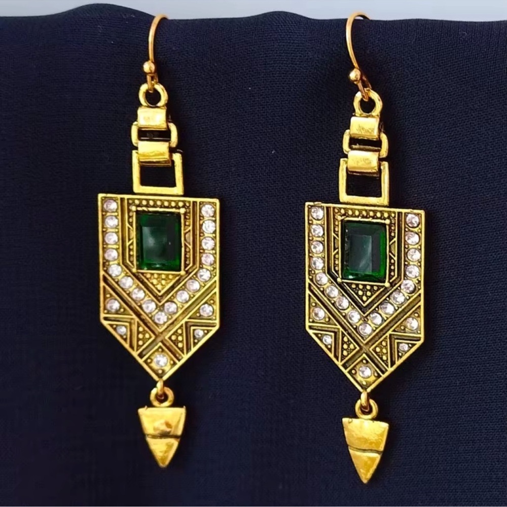 Marquis Ethnic Vintage Emerald Bronze Brushed Earrings